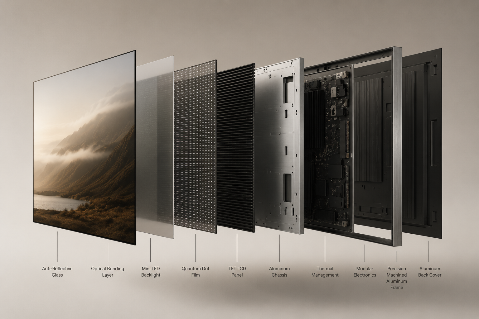 Exploded view of the PANE display showing the panel, machined aluminum chassis, magnetic speaker module, and detachable streaming brain.